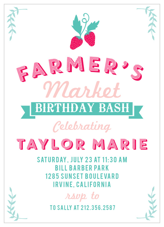 Juicy strawberries top the Market Fresh Children's Birthday Party Invitations. 