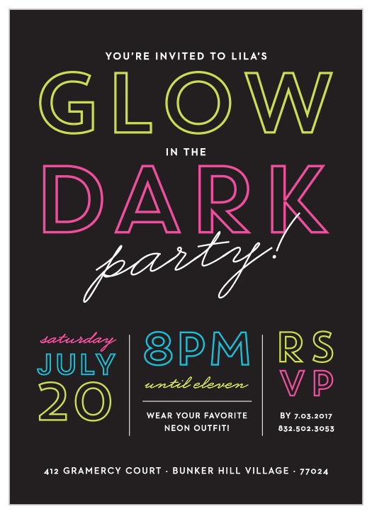 Neon colors decorate this fun Glow in the Dark Children's Birthday Party Invitation.