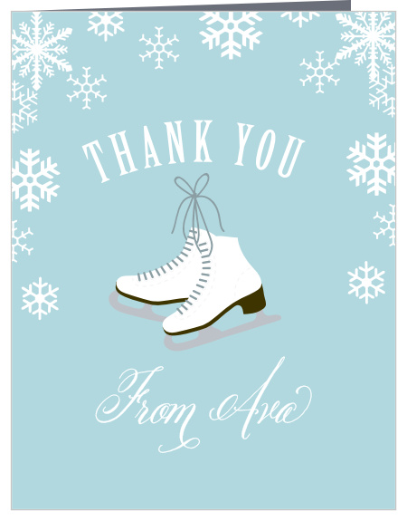 Snowflakes fall all around on the Ice Skates Children's Birthday Party Thank You Cards.
