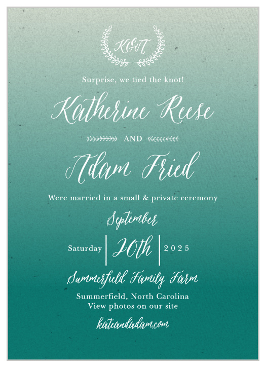 Let guests know you’ve tied the knot with the Rustic Ombre Wedding Announcement. 