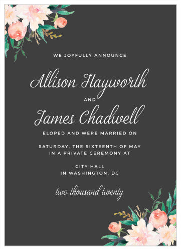 Soft flowers grace the corners of the Blossoming Love Wedding Announcement. 