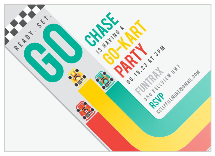 Read. Set. Go! Make sure your party gets off to a good start with the Kart Race Children's Birthday Party Invitations! 