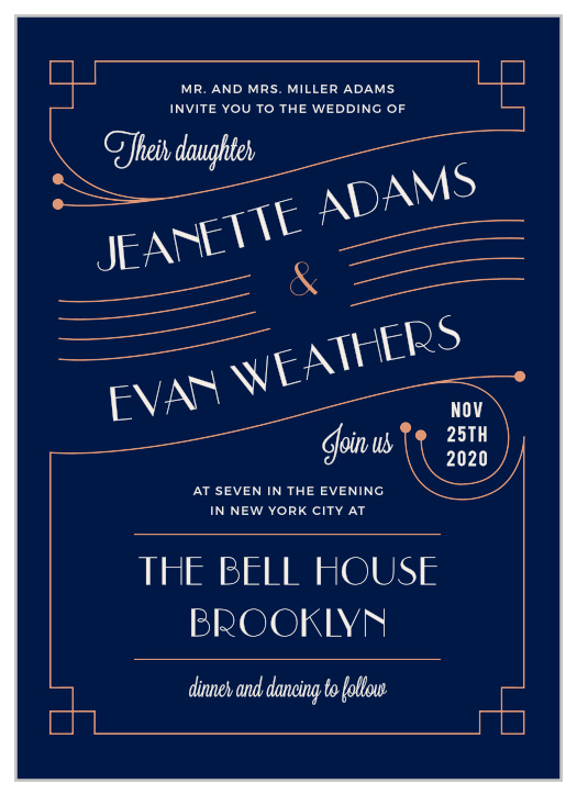 Take friends and family back in time with the art deco flair of the Coney Island Foil Wedding Invitations.