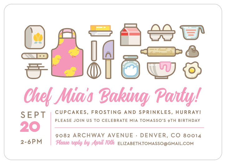 Invites friends for a day filled with baked goods, frosting and sprinkles using the Baker’s Delight Children's Birthday Party Invitations. 