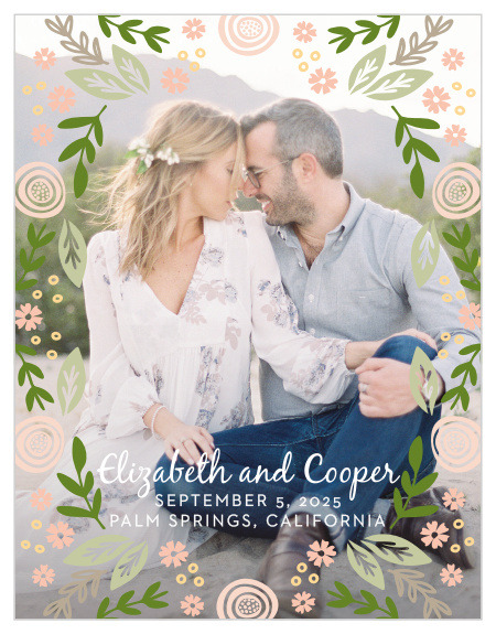 Overlay your photo with the whimsical flowers of the Gardens Abound Save-the-Date Magnets. 