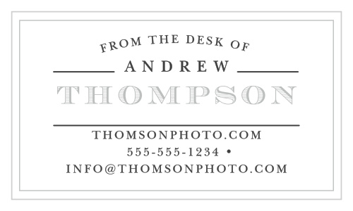 Your name in a vintage typeface creates a strong impression on The Desk Of Foil Business Cards. 