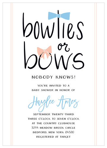 Invite your guests to your gender reveal shower with the Bowties or Bows Baby Shower Invitations. 