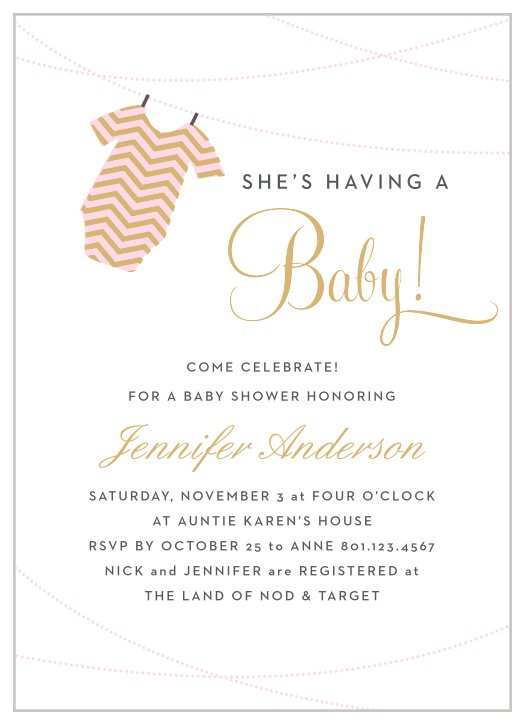 The Onesie Clothesline Girl Foil baby shower invitations are a fun and cute way to show off your new baby girl!