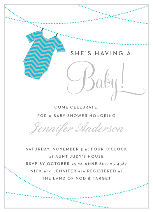 The Onesie Clothesline Foil Boy baby shower invitations are a fun and cute way to show off your new baby boy!