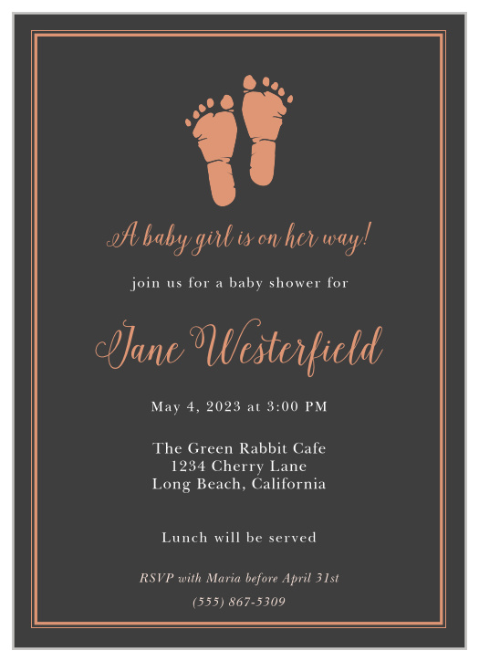 The Little Girl's Footprints Foil Shower Invitation feature cute footprints next to a spot for a cute saying or quote.