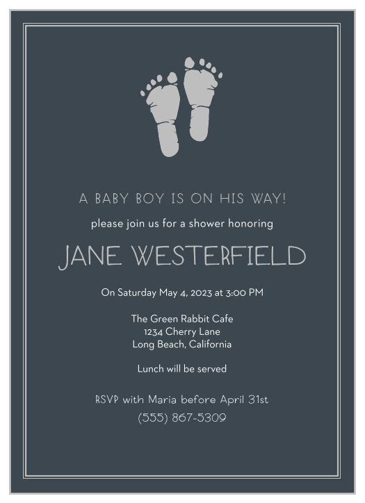 The Little Boy's Footprints Foil Shower Invitation feature cute footprints next to a spot for a cute saying or quote