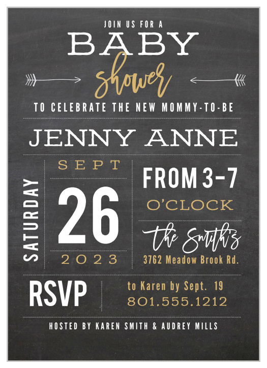 Gather your loved ones to celebrate using our Baby Chalk Foil Baby Shower Invitations! 