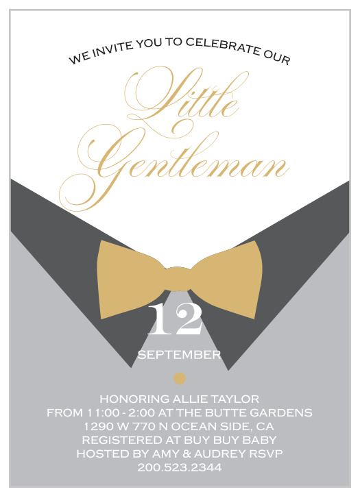 The Little Gentle Foil Baby Shower features with a fun bow-tie and dress shirt theme, perfect for your classy little man and baby shower.