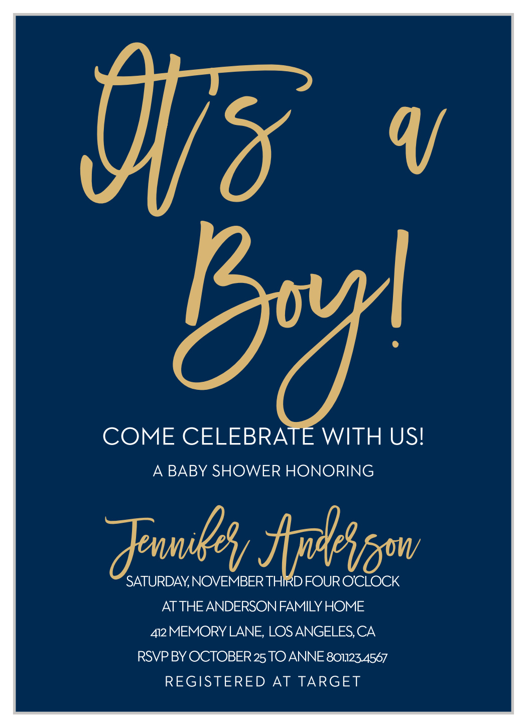 Royal Script Boy Foil Baby Shower Invitations