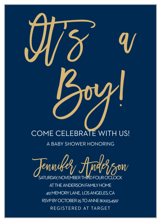 Announce you’re having a Boy with the Royal Script Boy Foil Baby Shower Invitations.