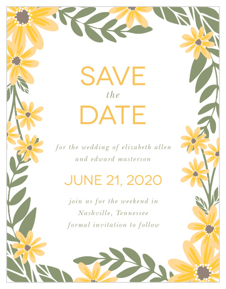 Bright flowers frame your text on the Sunny Flowers Save-the-Date Magnets. 