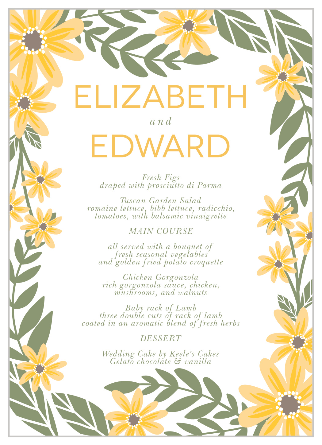 Sunny Flowers Wedding Menus