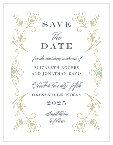 Stylized feathers frame your text on the Peacock Flourish Save-the-Date Cards. 