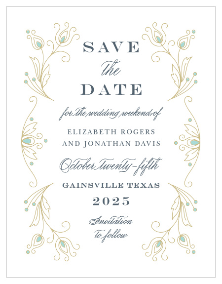 Stylized feathers frame your text on the Peacock Flourish Save-the-Date Magnets.