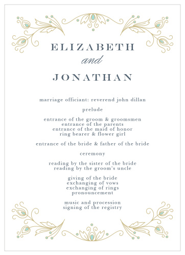 Stylized feathers frame your text on the Peacock Flourish Wedding Programs. 