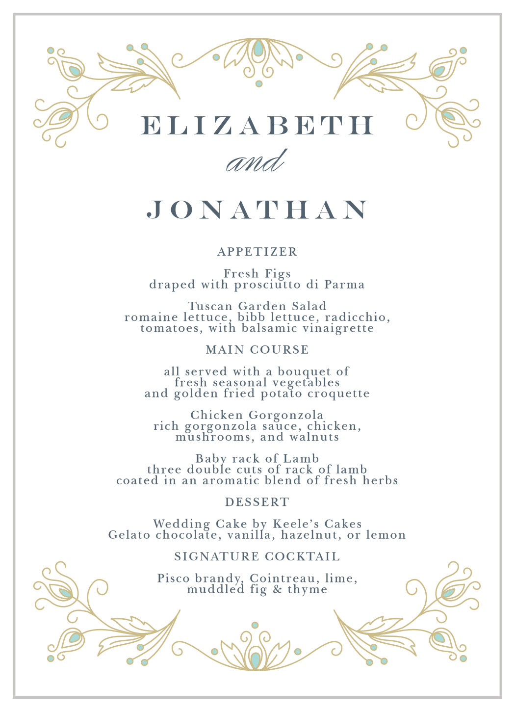 Peacock Flourish Wedding Menus