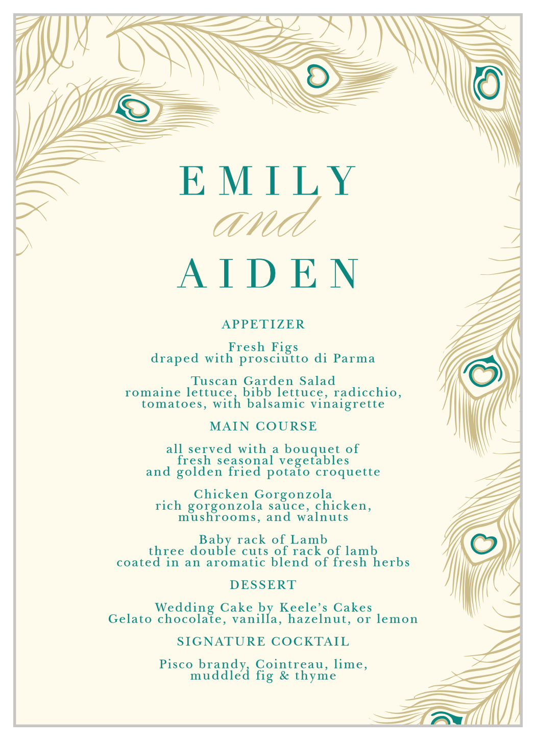 Peacock Feather Wedding Menus