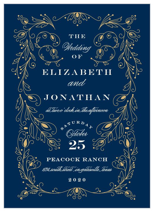 Stylized feathers create a luxurious frame on the Peacock Flourish Foil Wedding Invitations.