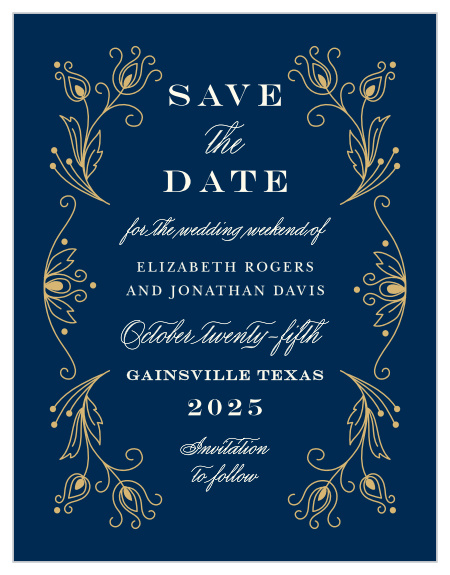 Stylized feathers frame your text on the Peacock Flourish Foil Save-the-Date Magnets.