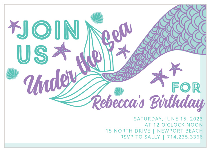 Starfish, sea shells and a mermaid tail make the Under the Sea Children's Birthday Party Invitations perfect for your little water lover. 