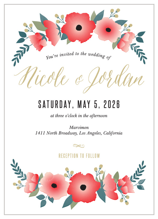 Watercolor Floral Wedding Invitations are as welcoming as you are: with soft watercolor flowers surrounding a graceful, easy-to-read typeface, this invitation is sure to catch your guests' attention. 