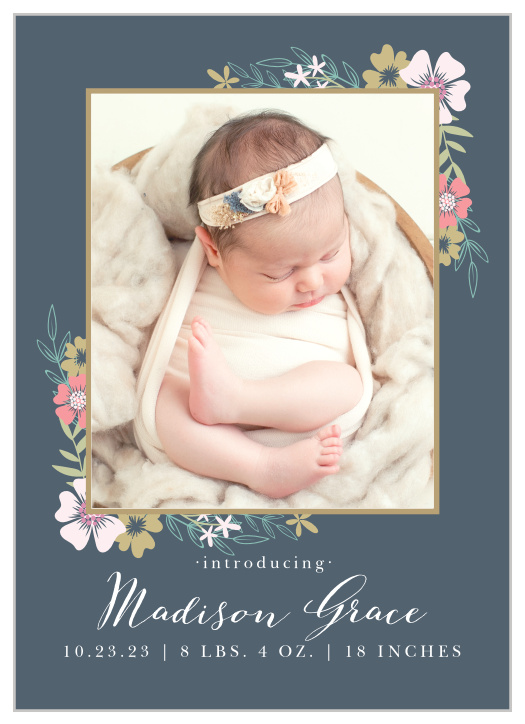 Blossoming bouquets surround a photo of your precious newborn on the Tasteful Tea Pot Birth Announcement.