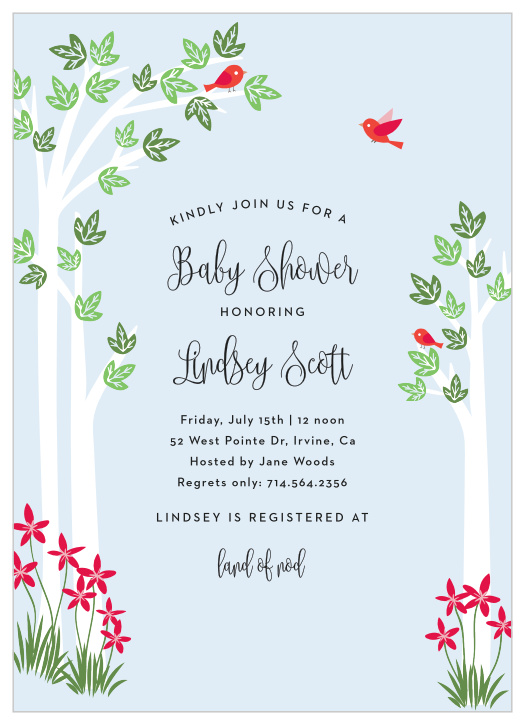 Bird flit about whimsical trees on the Enchanted Woodland Baby Shower Invitations. 
