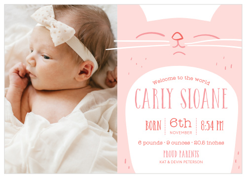 Welcome your newborn with the Kitty Kat Birth Announcements.