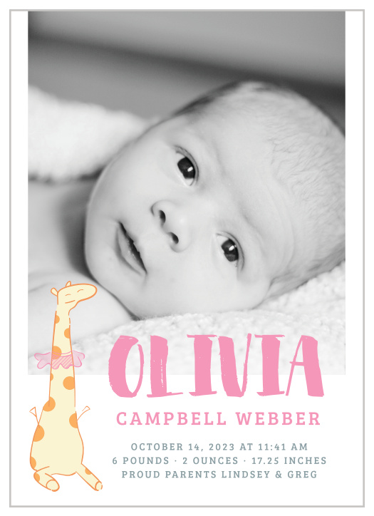 A tutu wearing giraffe helps announce your newborn with the At the Zoo Birth Announcements. 