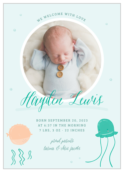 Introduce your new little guy or gal with the Fish Frenzy Birth Announcements. 