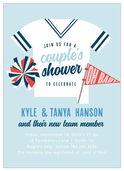 Invite friends and family to welcome the newest member of your team with the Go Team Baby Shower Invitations. 