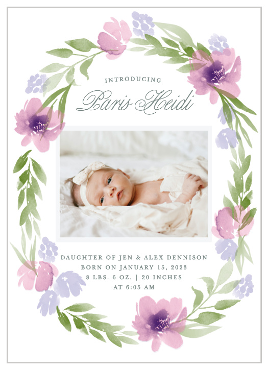Surround your child with the watercolor flowers and greenery of the Floral Delight Baby Announcements. 