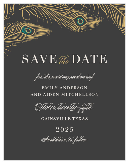 Announce your wedding luxuriously with the Peacock Feather Foil Save-the-Date Magnets.
