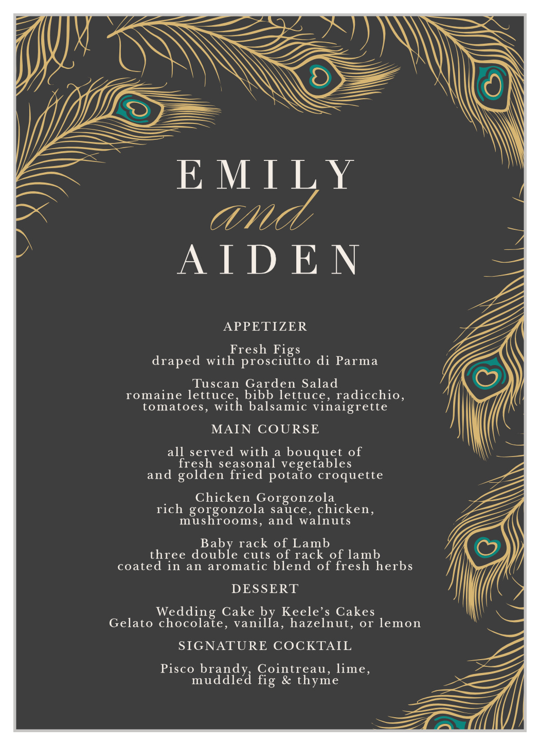 Peacock Feather Foil Wedding Menus
