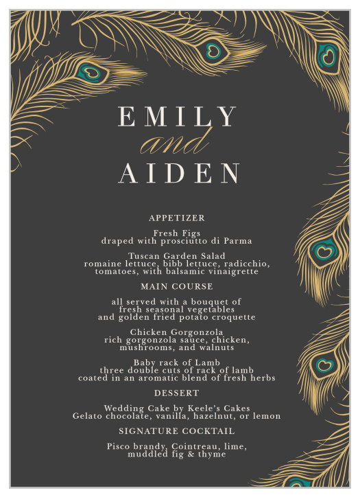 Floating feathers create a luxurious frame on the Peacock Feather Foil Menus.