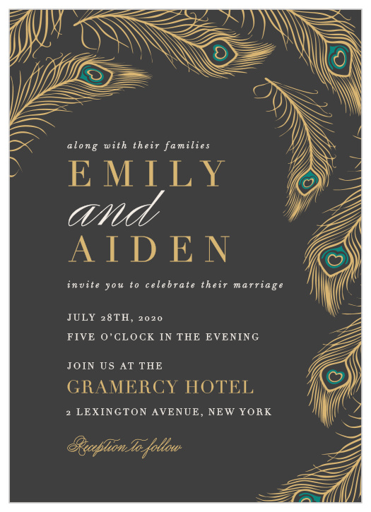 Sumptuous feathers create a luxurious frame on the Peacock Feather Foil Wedding Invitations.