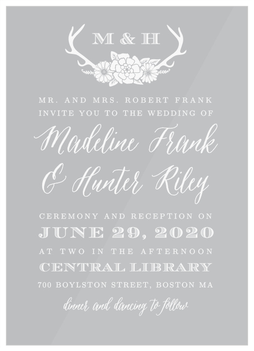 Modeled after the Love Vs. Design Blooming Antlers Invitations, the Blossoming Antlers Clear Wedding Invitations have both feminine and masculine design elements that fit well with any wedding theme!