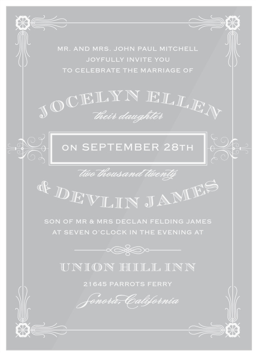 The Antique Frame Clear Wedding Invitations are wonderful cards with a country-western feel printed on real transparent vinyl. 