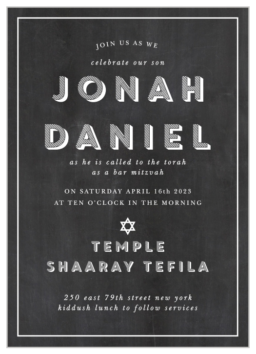 Ensure that your son's Bar Mitzvah celebration is the star event with our Chalk Board Bar Mitzvah Invitations.