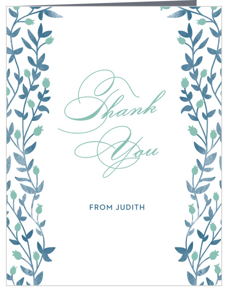 Enchanting leaves trail along the sides of the Vintage Vines Bat Mitzvah Thank You Cards.
