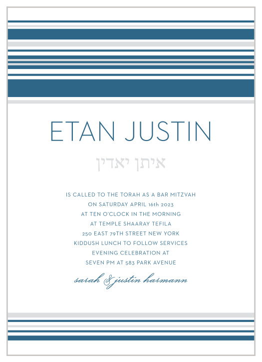 With soft silver and classic blue lines as the primary designs, Mod Tallis Bar Mitzvah Invitations embody a minimalistic design. 