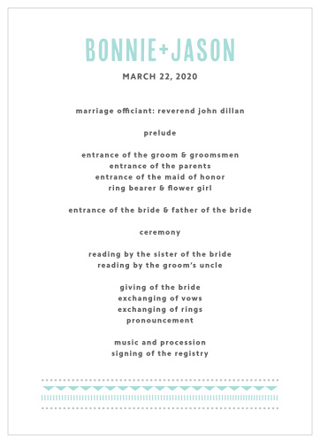 Our Deco Charm Wedding Programs, with their few-frills design, gorgeous blue-and-gray color scheme, and easy to read typefaces, are perfect for guiding your guests through the events of your wedding. 