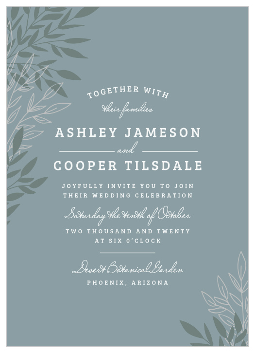 A background the color of slate, a collection of leaves growing steadily upward in alternating rock green and soft ecru, and two typefaces that together express a shy elegance: Lakeside Leaves Foil Wedding Invitations are perfect for ensuring that all of your loved ones are in attendance.
