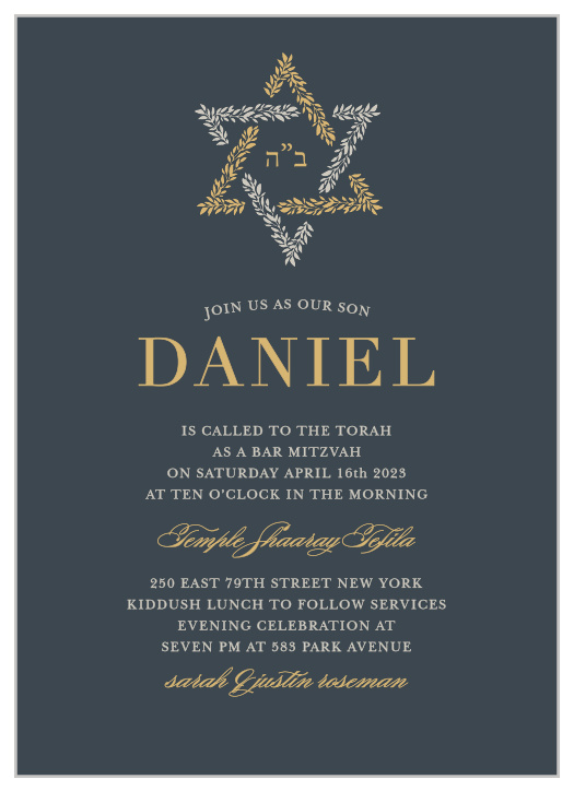 Our Star of David Bar Mitzvah Invitations are topped with a (surprise!) Star of David which is artfully arranged out of gold foil and smoky-gray shaded leaves, and surrounding the Hebrew phrase "with God's help."