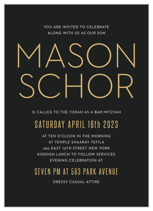 The Colorful Names Foil Bar Mitzvah invitations offer stylish sophistication with its simple typography and text.